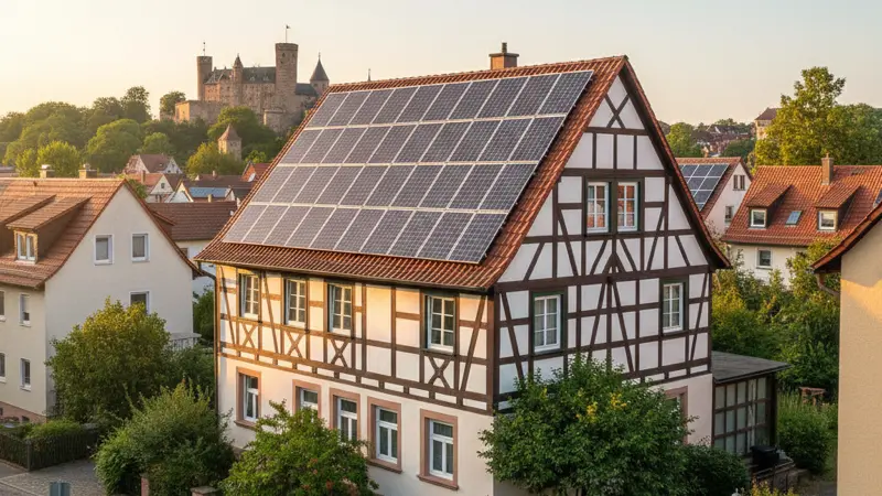 Einfamilienhaus mit Solaranlage in Nürnberg, fränkische Architektur mit Kaiserburg im Hintergrund