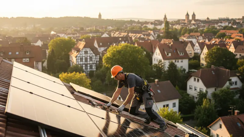 Solarinstallateur bei der Montage auf einem Nürnberger Dach