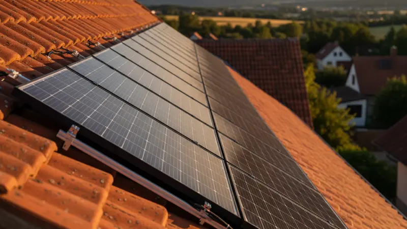 Solarmodule auf einem fränkischen Ziegeldach in Nürnberg, Nahaufnahme der Montage