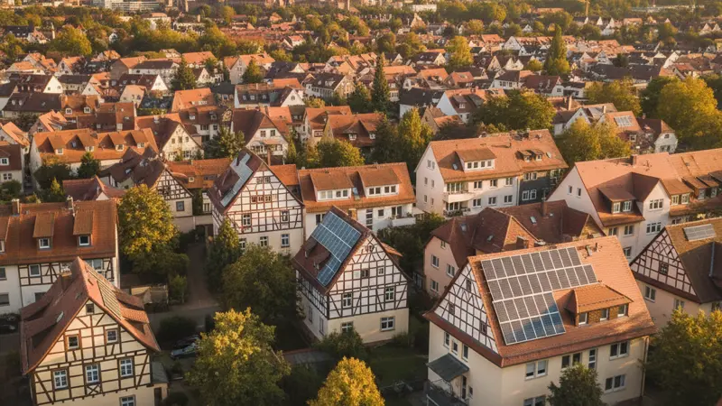 Wohnviertel in Nürnberg mit mehreren Solardächern, fränkische Architektur