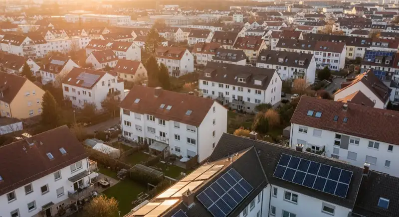 Aerial drone view of typical German residential neighborhood with mixed roof types, red and dark roof tiles, gardens visible, sunny day