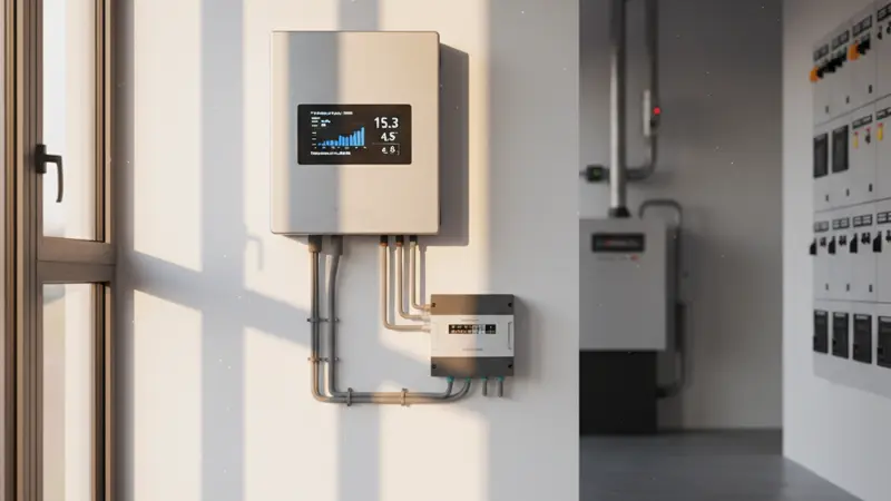 Wechselrichter einer Solaranlage an der Wand, Display zeigt Ertragsdaten