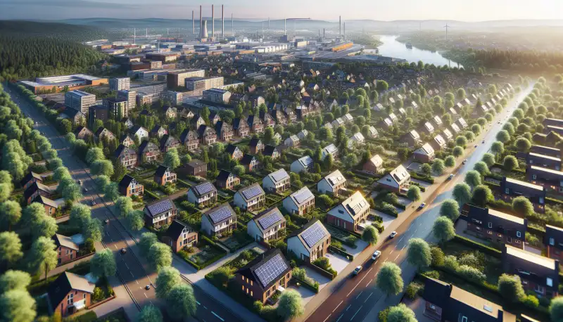 Wohnsiedlung in Oberhausen mit Solaranlagen auf den Dächern, typisches Ruhrgebiet Stadtbild