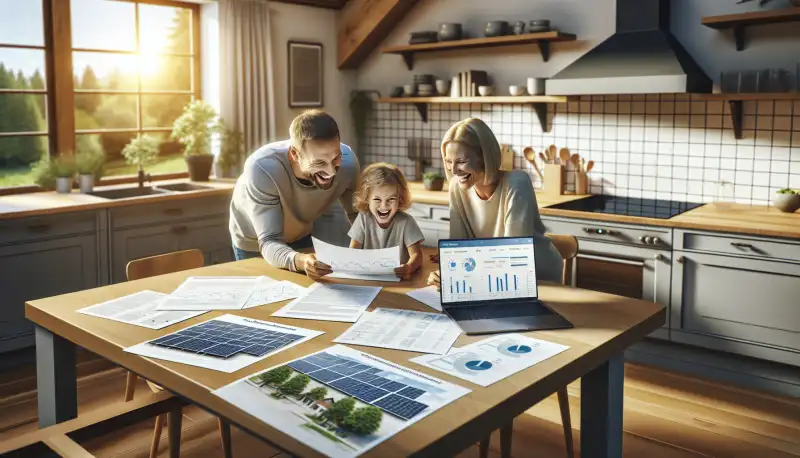 Familie am Küchentisch mit Solarberatungsunterlagen und Laptop
