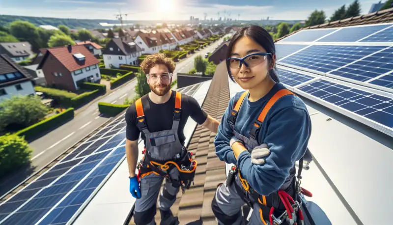 Solarinstallateure bei der Montage auf einem Oberhausener Hausdach