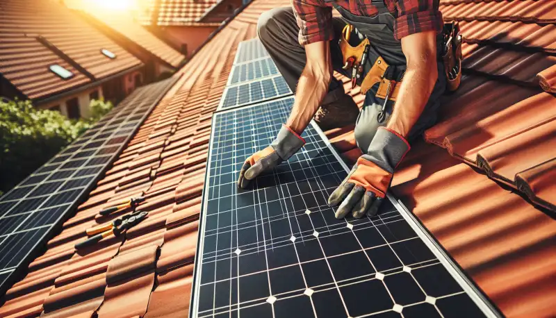 Nahaufnahme von Solarmodulen bei der Installation auf einem Dach in Oberhausen