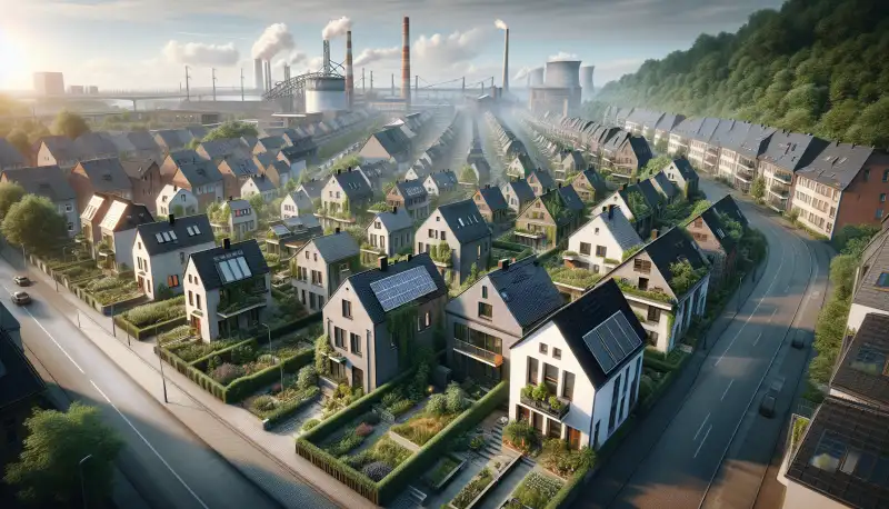 Panoramablick auf eine Oberhausener Wohnstraße mit Solaranlagen auf mehreren Hausdächern