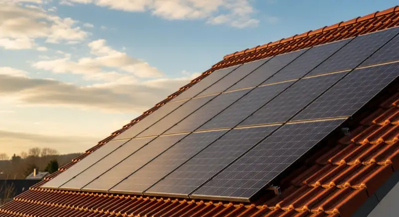 Close-up of photovoltaic solar panels installed on a traditional German Satteldach (gabled roof), blue sky with some clouds