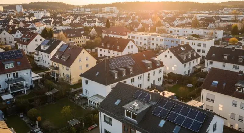 Aerial drone view of typical German residential neighborhood with mixed roof types, red and dark roof tiles, gardens visible, sunny day