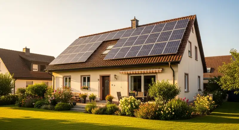 German detached house (Einfamilienhaus) with photovoltaic panels on pitched roof, well-maintained garden, warm afternoon sunlight