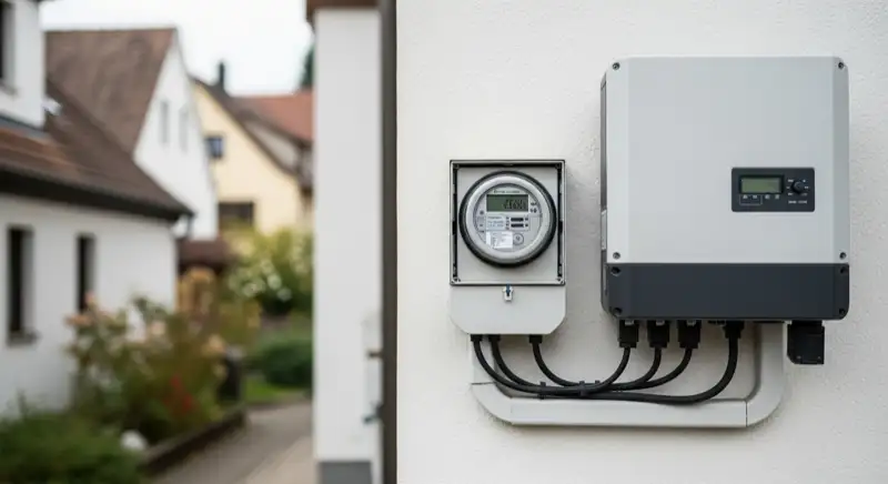 Modern German electrical meter cabinet (Zählerschrank) with smart meter and solar inverter connection, clean technical installation
