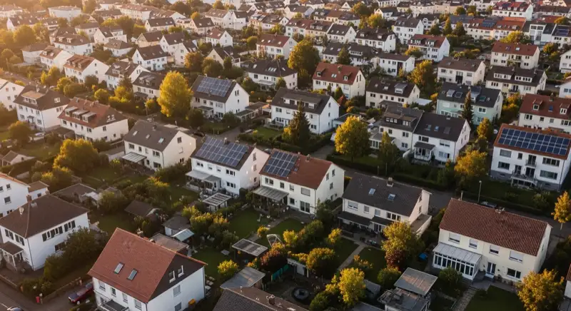 Aerial drone view of typical German residential neighborhood with mixed roof types, red and dark roof tiles, gardens visible, sunny day