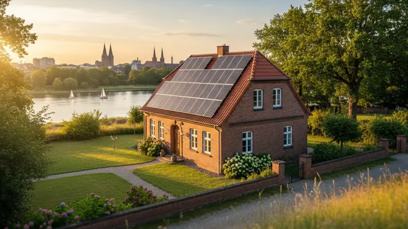 Einfamilienhaus mit Solaranlage in Oldenburg, norddeutsche Backstein-Architektur, Hunte im Hintergrund