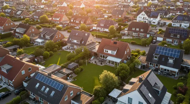 Aerial drone view of typical German residential neighborhood with mixed roof types, red and dark roof tiles, gardens visible, sunny day
