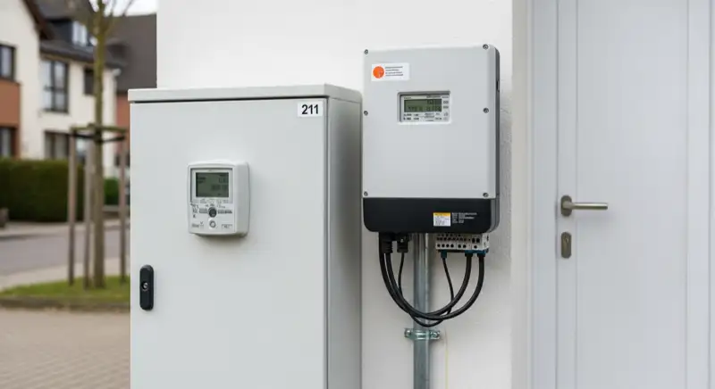 Modern German electrical meter cabinet (Zählerschrank) with smart meter and solar inverter connection, clean technical installation