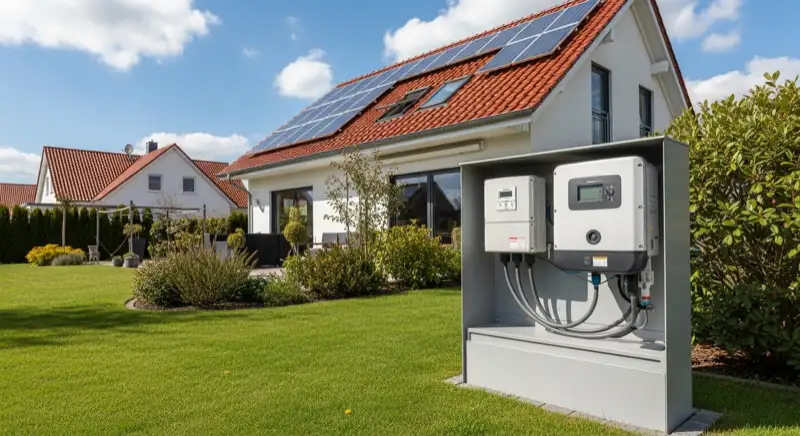 Modern German electrical meter cabinet (Zählerschrank) with smart meter and solar inverter connection, clean technical installation