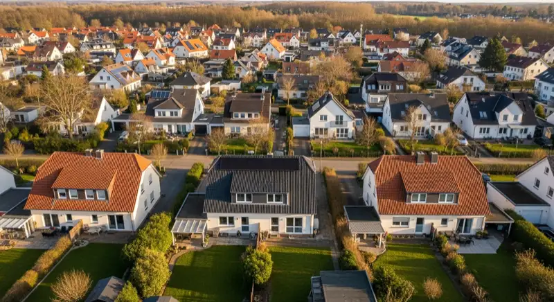 Aerial drone view of typical German residential neighborhood with mixed roof types, red and dark roof tiles, gardens visible, sunny day