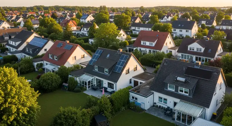 Aerial drone view of typical German residential neighborhood with mixed roof types, red and dark roof tiles, gardens visible, sunny day