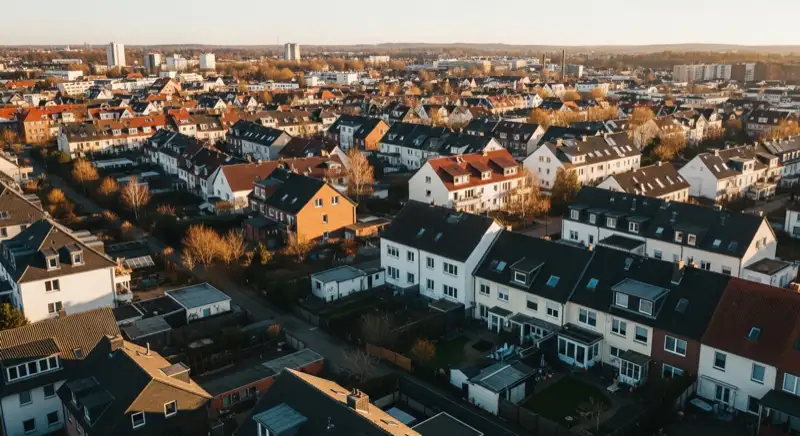 Aerial drone view of typical German residential neighborhood with mixed roof types, red and dark roof tiles, gardens visible, sunny day