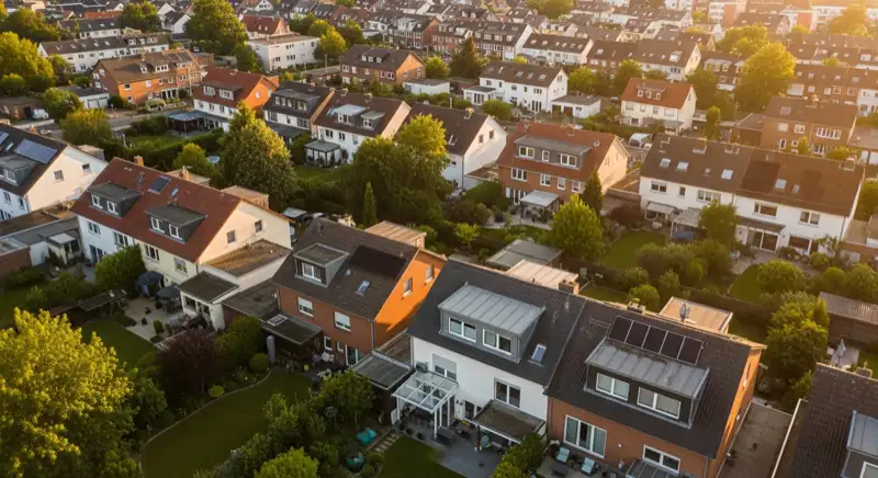 Aerial drone view of typical German residential neighborhood with mixed roof types, red and dark roof tiles, gardens visible, sunny day