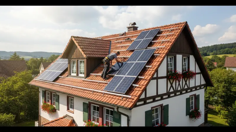 Solarinstallateur bei der Montage auf einem Plauener Dach