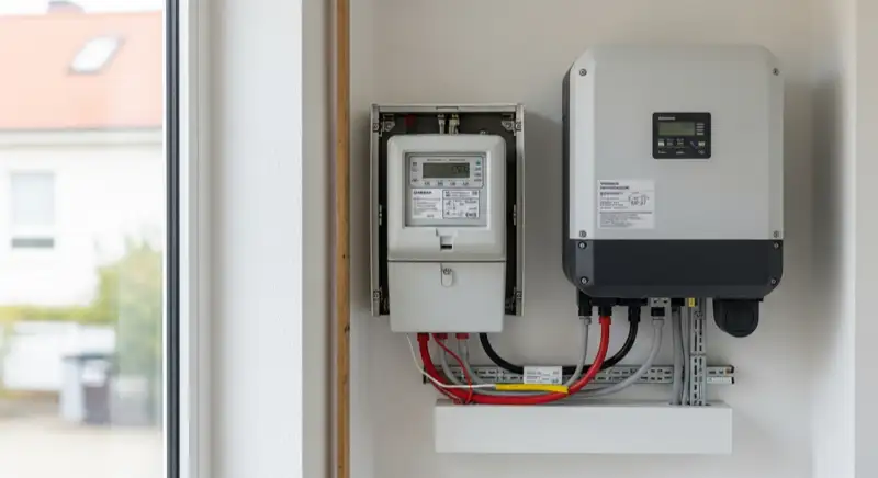 Modern German electrical meter cabinet (Zählerschrank) with smart meter and solar inverter connection, clean technical installation