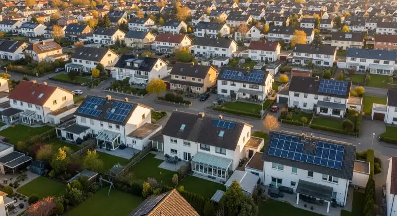 Aerial drone view of typical German residential neighborhood with mixed roof types, red and dark roof tiles, gardens visible, sunny day