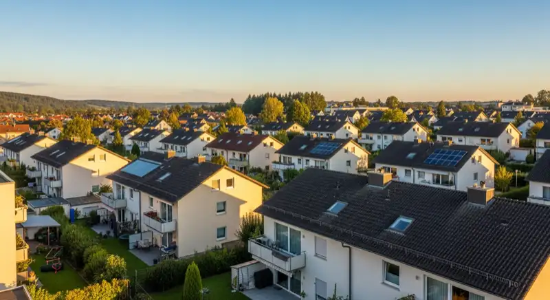 Aerial drone view of typical German residential neighborhood with mixed roof types, red and dark roof tiles, gardens visible, sunny day