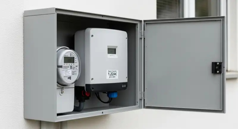 Modern German electrical meter cabinet (Zählerschrank) with smart meter and solar inverter connection, clean technical installation
