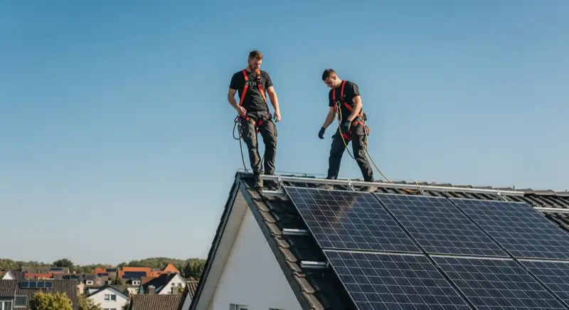 Solarinstallateure bei der Montage auf einem Einfamilienhaus in Recklinghausen