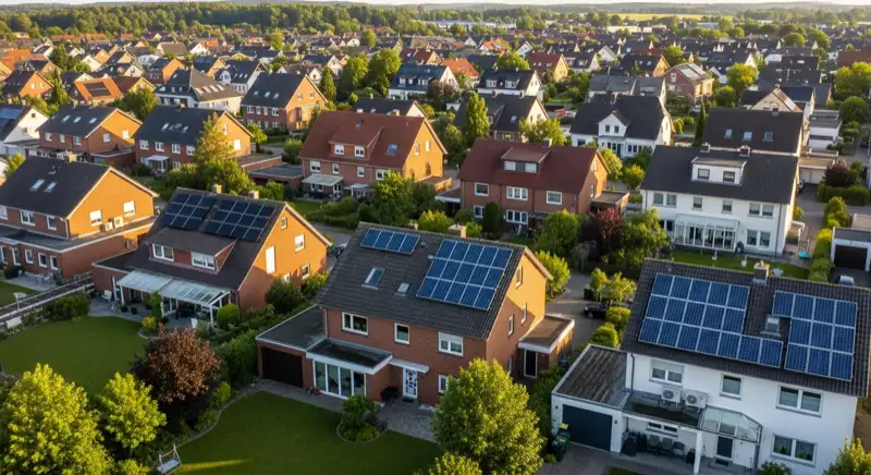 Aerial drone view of typical German residential neighborhood with mixed roof types, red and dark roof tiles, gardens visible, sunny day