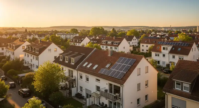 Wohngebiete in Regensburg mit verschiedenen Bauformen, typische Einfamilienhäuser und Dachstrukturen aus der Luft
