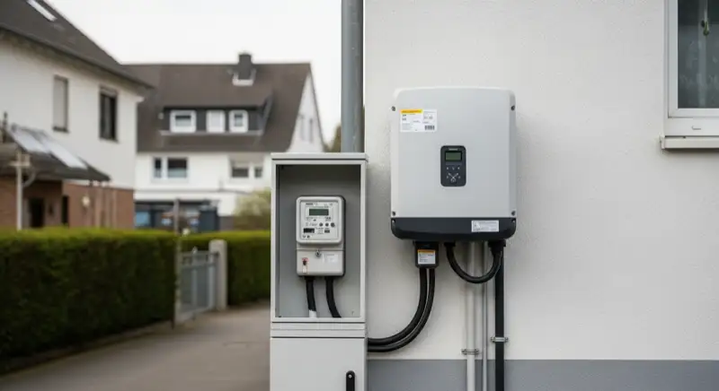 Modern German electrical meter cabinet (Zählerschrank) with smart meter and solar inverter connection, clean technical installation
