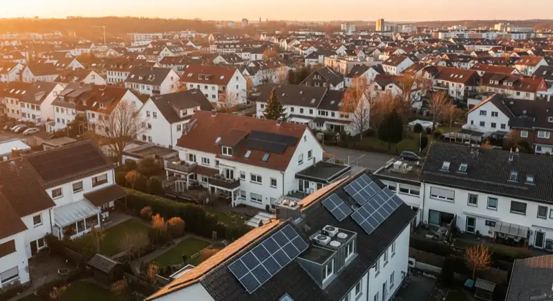 Aerial drone view of typical German residential neighborhood with mixed roof types, red and dark roof tiles, gardens visible, sunny day