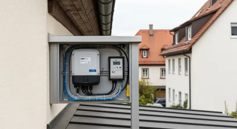 Modern German electrical meter cabinet (Zählerschrank) with smart meter and solar inverter connection, clean technical installation