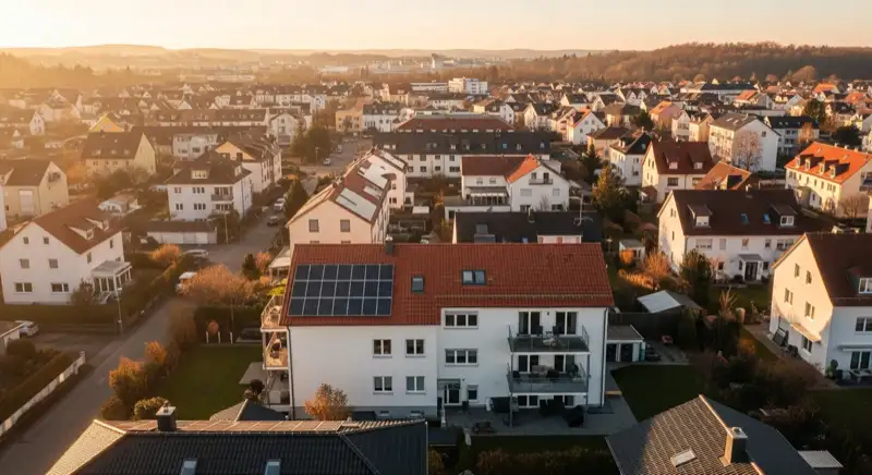 Aerial drone view of typical German residential neighborhood with mixed roof types, red and dark roof tiles, gardens visible, sunny day