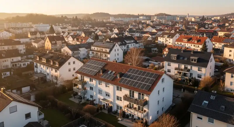 Aerial drone view of typical German residential neighborhood with mixed roof types, red and dark roof tiles, gardens visible, sunny day