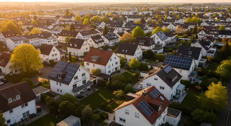 Aerial drone view of typical German residential neighborhood with mixed roof types, red and dark roof tiles, gardens visible, sunny day