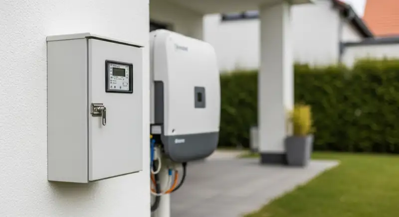 Modern German electrical meter cabinet (Zählerschrank) with smart meter and solar inverter connection, clean technical installation