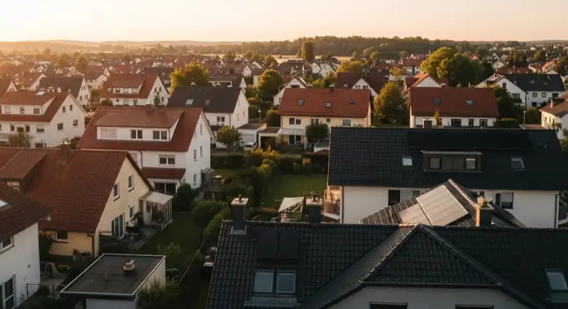 Aerial drone view of typical German residential neighborhood with mixed roof types, red and dark roof tiles, gardens visible, sunny day