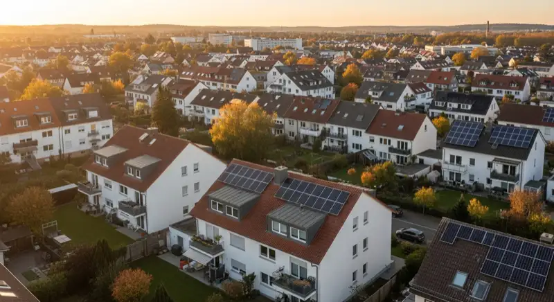 Aerial drone view of typical German residential neighborhood with mixed roof types, red and dark roof tiles, gardens visible, sunny day