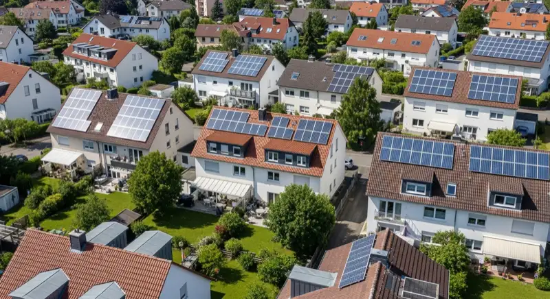 Aerial drone view of typical German residential neighborhood with mixed roof types, red and dark roof tiles, gardens visible, sunny day