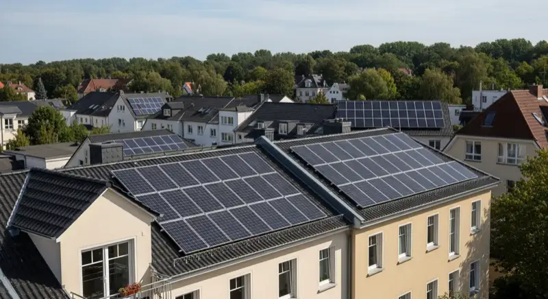 Installateur montiert PV-Module auf typischem Rostocker Einfamilienhaus-Dach