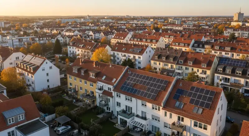 Aerial drone view of typical German residential neighborhood with mixed roof types, red and dark roof tiles, gardens visible, sunny day
