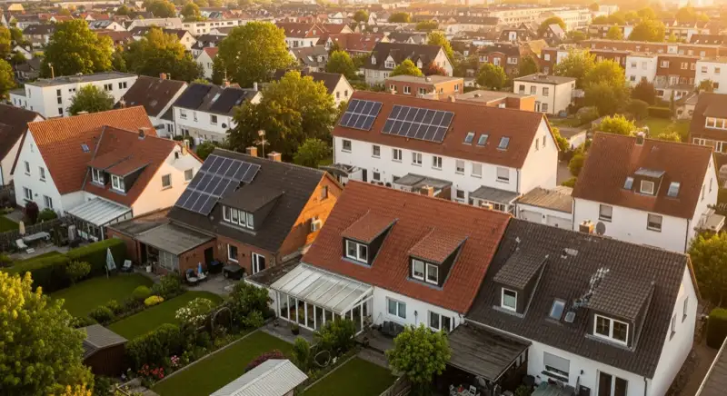 Aerial drone view of typical German residential neighborhood with mixed roof types, red and dark roof tiles, gardens visible, sunny day