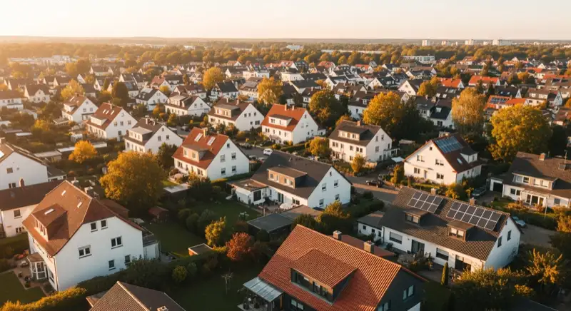 Aerial drone view of typical German residential neighborhood with mixed roof types, red and dark roof tiles, gardens visible, sunny day