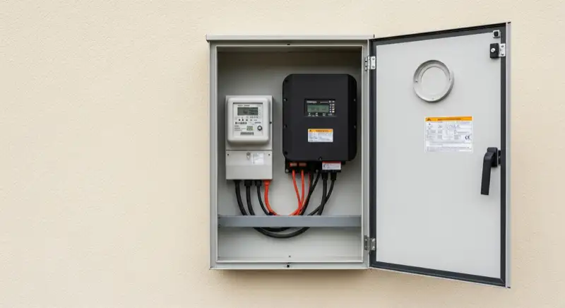 Modern German electrical meter cabinet (Zählerschrank) with smart meter and solar inverter connection, clean technical installation