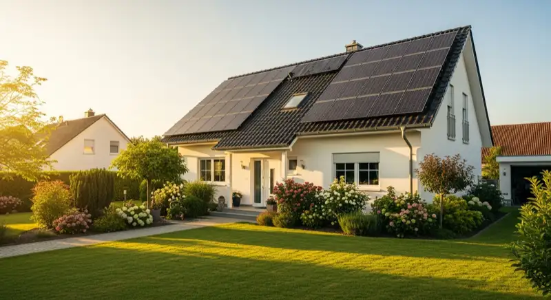 German detached house (Einfamilienhaus) with photovoltaic panels on pitched roof, well-maintained garden, warm afternoon sunlight
