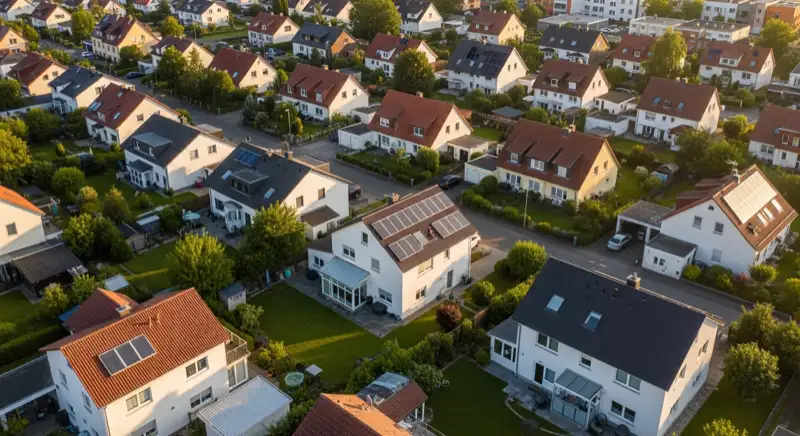 Aerial drone view of typical German residential neighborhood with mixed roof types, red and dark roof tiles, gardens visible, sunny day