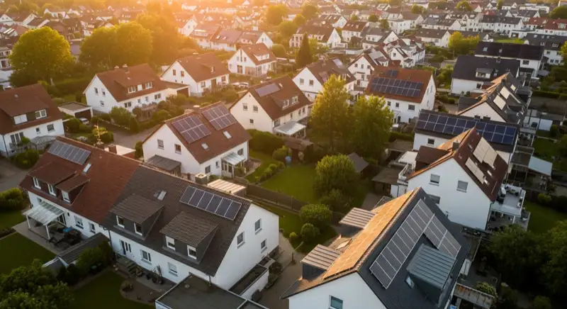 Aerial drone view of typical German residential neighborhood with mixed roof types, red and dark roof tiles, gardens visible, sunny day